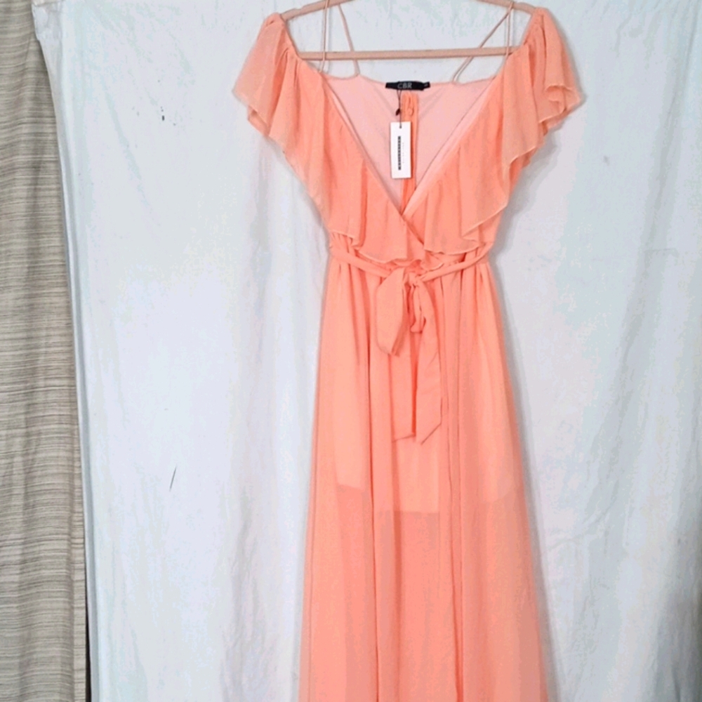 New CBR peach chiffon flowy maxi dress tie waist